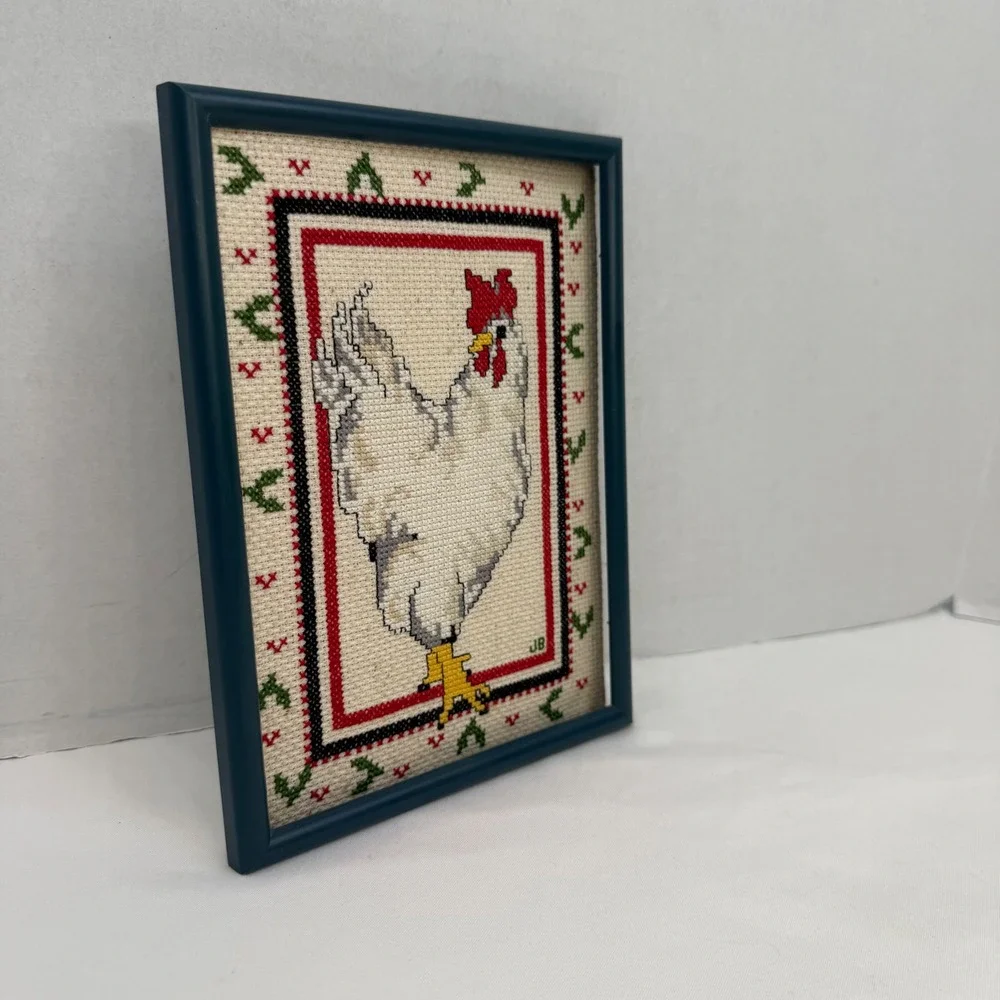 Vintage Handmade Framed Rooster Cross Stitch Needlepoint Farmhouse Decor JB